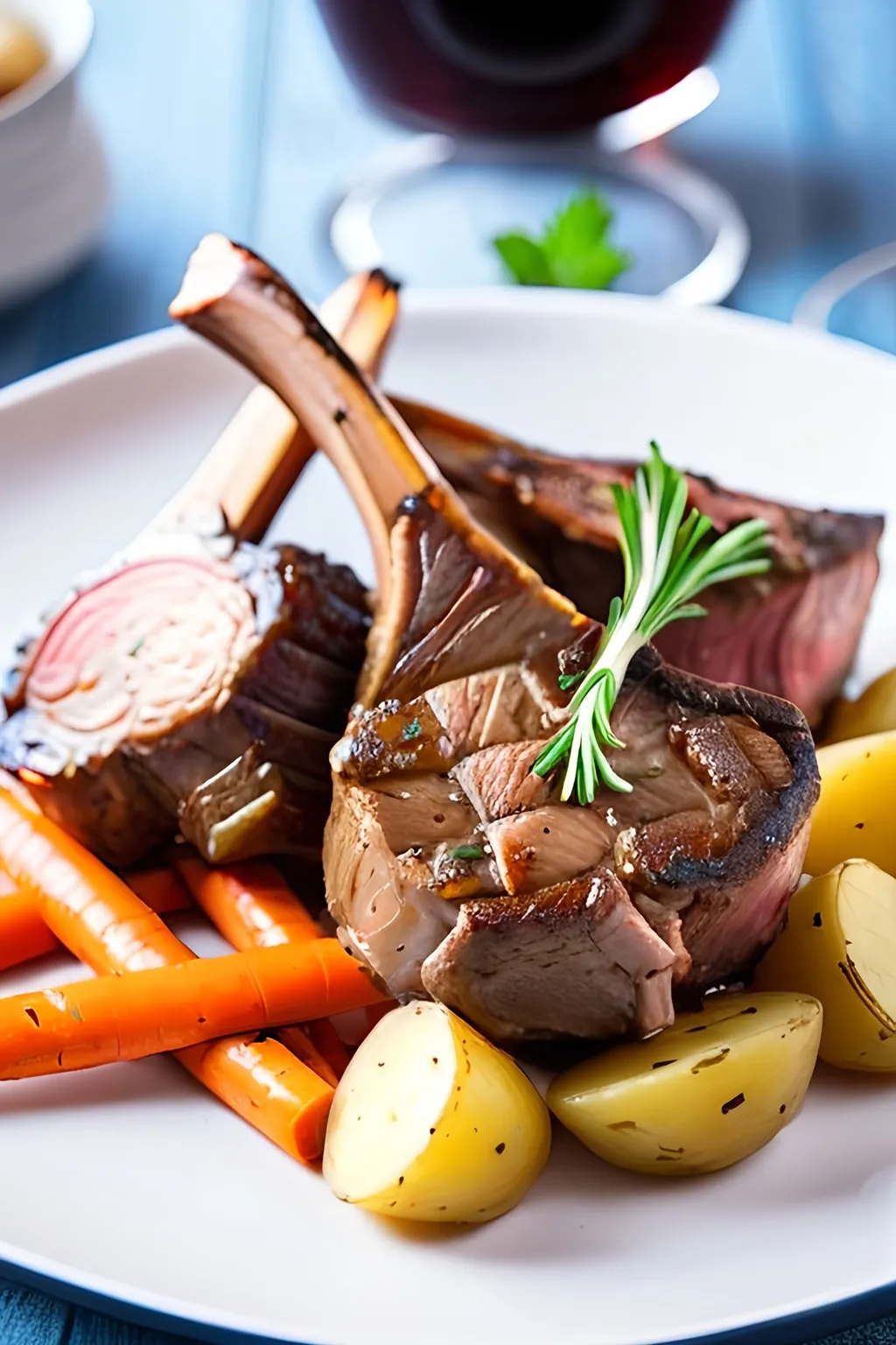 Prompt: lamb chops with potatoes and carrot