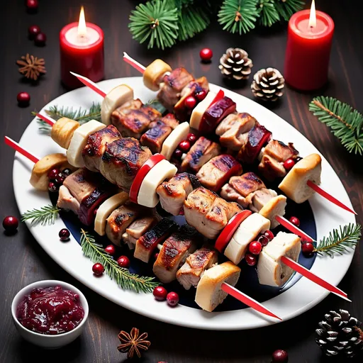 Prompt: Christmas kebab with Turkey, stuffing and cranberry sauce