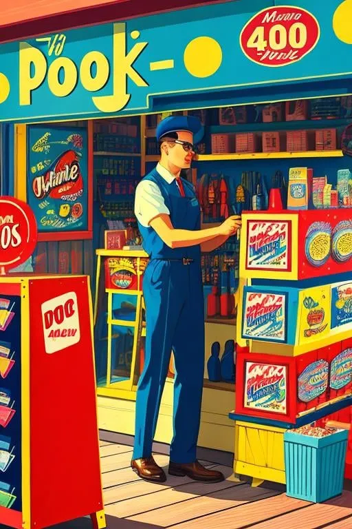 Prompt: A man working behind a deck in a shop, 40's pop art