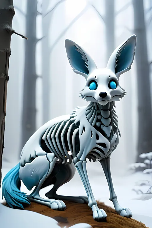 Prompt: Bogara Bemon bunny fox Skeleton made out of frozen forest of a monster, white background, high quality, misc-macabre, detailed skeleton, frozen forest, eerie atmosphere, mystical, icy blue tones, stark lighting
