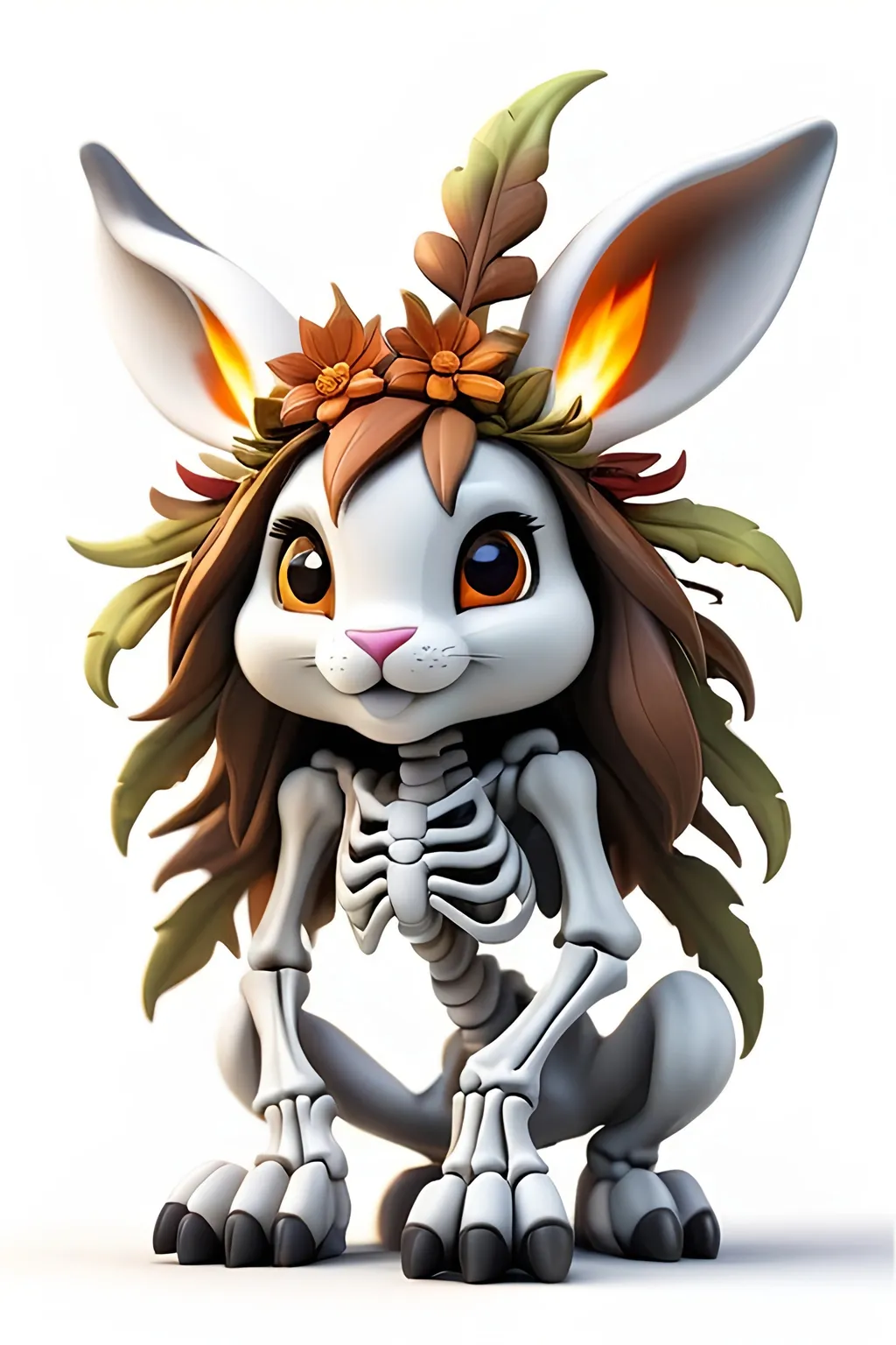 Prompt: Bogara Bemon bunny Skeleton made out of fire forest of a monster,  on a white background