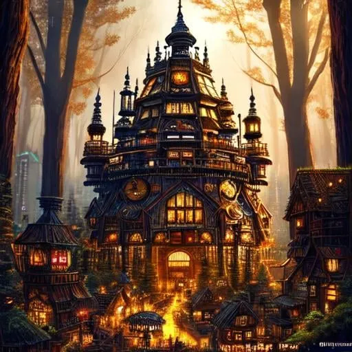 Prompt: Portrait of a gingerbread City in the Forest, ultra highly detailed, Cyberpunk art, steampunk art