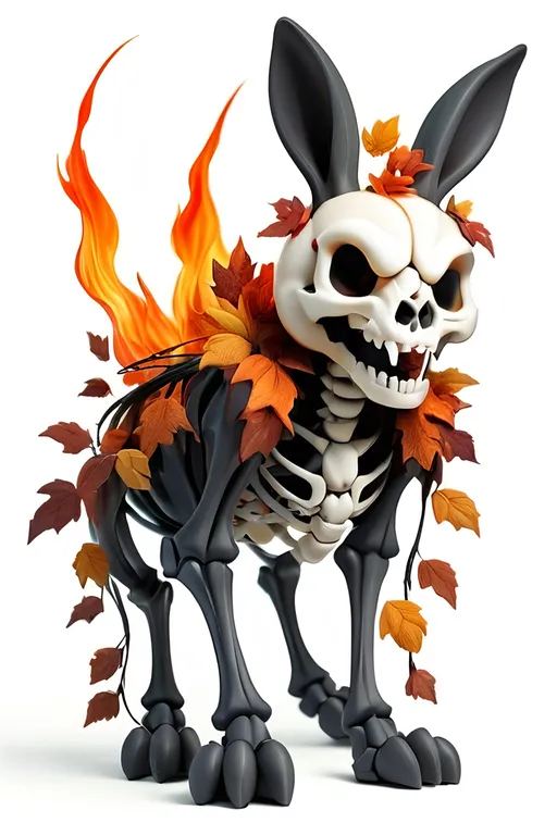 Prompt: Ugle disgusting Demon bunny Skeleton made out of fire forest of a monster,  on a white background