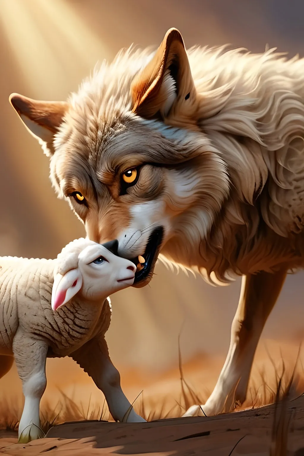 Prompt: Detailed illustration of a fierce wolf confronting a gentle lamb, warm earthy tones, realistic style, intense gaze, fine fur details, dramatic lighting, high quality, detailed, realistic, confrontation, wolf, lamb, earthy tones, intense gaze, fur details, dramatic lighting