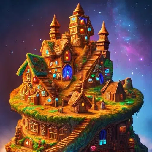 Prompt: A gingerbread village in the mountain, mystical color art, ancient art style, digital art, marvelous lighting, ultra highly detailed, Cyberpunk art