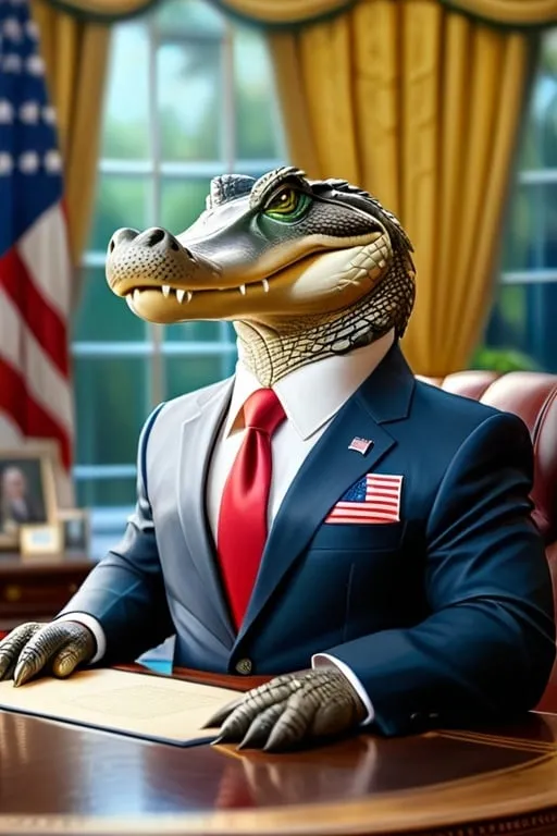 Prompt: alligator president in the Oval Office, oil painting, patriotic suit and tie, presidential seal on the desk, confident and dignified pose, American flag in the background, highly detailed, realistic, regal, traditional, formal lighting, professional, presidential, patriotic, realistic fur, high quality