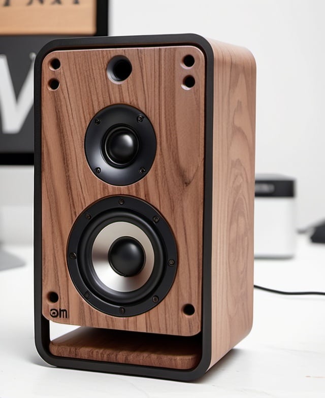 Prompt: Turn it into a real speaker with the trendy wooden color of the year
