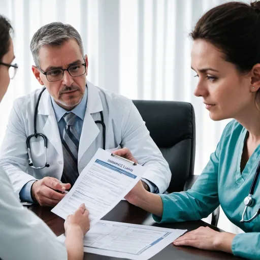 Prompt: doctor sitting with patient and insurance agent showing papers of insurance claim

