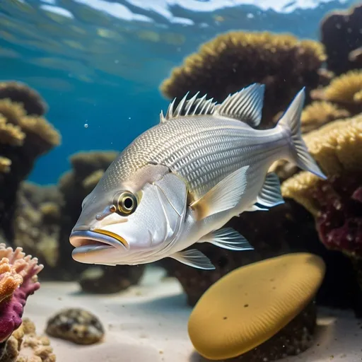 Prompt: Highly realistic vertical image for Instagram, featuring a seabass in its natural underwater habitat, as if captured with a Sony A7R III camera. The clear seawater is illuminated by soft light beams from above, enhancing the shimmering reflections on the fish's scales. The seabed is simple with a sandy base and minimal rocky terrain, decorated with a few scattered boulders in subdued colors. Small juvenile fish swim near the seabass, adding life to the scene. A 90mm f/1.8 lens setting ensures sharp focus on the seabass, with a softly blurred background. The colors are vibrant yet natural, resembling an award-winning photograph.