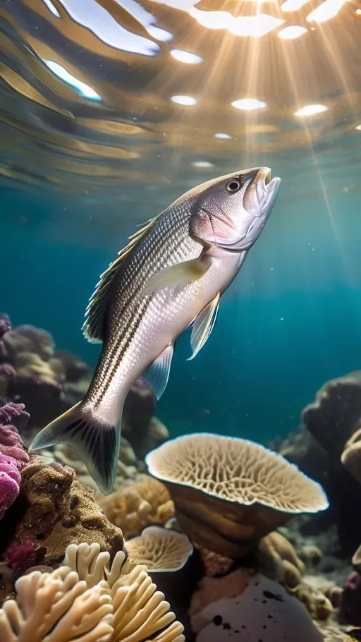 Prompt: Highly realistic vertical image for Instagram, featuring a seabass in its natural underwater habitat, as if captured with a Sony A7R III camera. The clear seawater is illuminated by soft light beams from above, enhancing the shimmering reflections on the fish's scales. The seabed is simple with a sandy base and minimal rocky terrain, decorated with a few scattered boulders in subdued colors. Small juvenile fish swim near the seabass, adding life to the scene. A 90mm f/1.8 lens setting ensures sharp focus on the seabass, with a softly blurred background. The colors are vibrant yet natural, resembling an award-winning photograph.