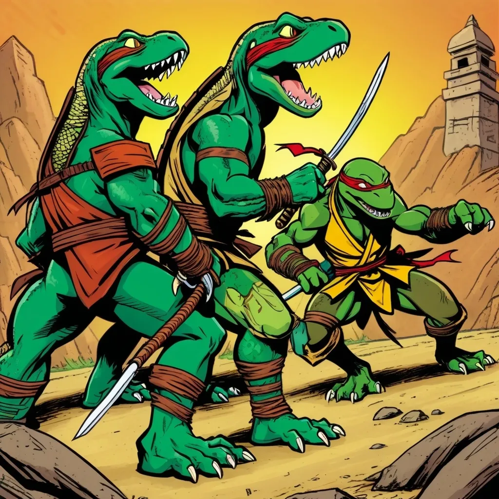 Prompt: Teenage mutant ninja Komodo dragons fighting human ninja
 in the style of Kevin Eastman