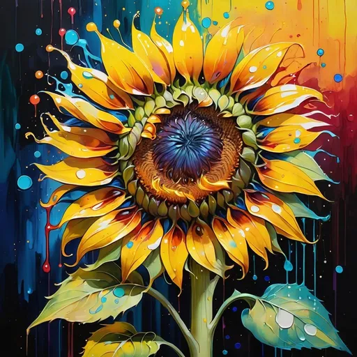 Prompt: a colorful sunflower, Best Quality, cinematic lighting, drawn Art, clip studio paint, Deep Color, splash art, spray paint, oil gouache melting, acrylic, high contrast, colorful, ultra detailed, ultra quality, colorful, magnificent, Gustav Klimt inspired