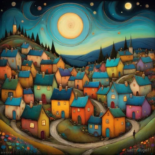 Prompt: Busy whimsical village on a whimsical landscape at night, very colorful, magical, dreamlike, ethereal, painting, folk art, style of sam toft, gustav klimt, Andy Kehoe, Amanda Sage, hyper detailed
