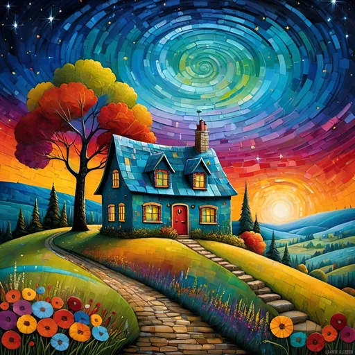 Prompt: whimsical starry sky, whimsical cottage, whimsical landscape, very colorful and fun, art brut, style of sam toft, gustav klimt, Andy Kehoe, Amanda Sage, hyper detailed, background by Gregory Kurasov vibrant colors, high resolution sharp details