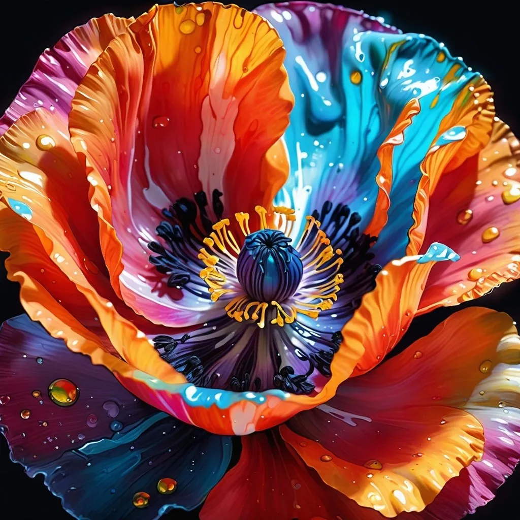 Prompt: a colorful poppy flower, Best Quality, cinematic lighting, drawn Art, clip studio paint, Deep Color, splash art, spray paint, oil gouache melting, acrylic, high contrast, colorful, ultra detailed, ultra quality, colorful, magnificent, Gustav Klimt inspired