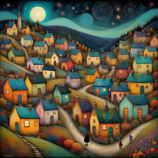 Prompt: Busy whimsical village on a whimsical landscape at night, very colorful, magical, dreamlike, ethereal, painting, folk art, style of sam toft, gustav klimt, Andy Kehoe, Amanda Sage, hyper detailed