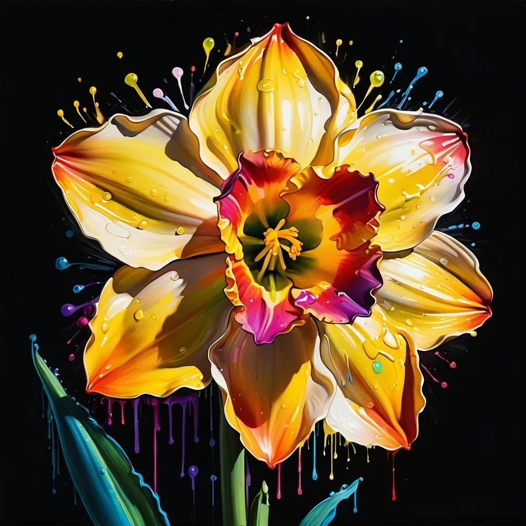 Prompt: a colorful daffodil flower, Best Quality, cinematic lighting, drawn Art, clip studio paint, Deep Color, splash art, spray paint, oil gouache melting, acrylic, high contrast, colorful, ultra detailed, ultra quality, colorful, magnificent, Gustav Klimt inspired