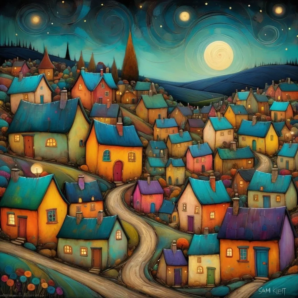 Prompt: Busy whimsical village on a whimsical landscape at night, very colorful, magical, dreamlike, ethereal, painting, folk art, style of sam toft, gustav klimt, Andy Kehoe, Amanda Sage, hyper detailed