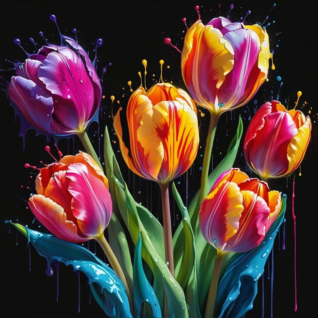 Prompt: a colorful tulip bulb flower, Best Quality, cinematic lighting, drawn Art, clip studio paint, Deep Color, splash art, spray paint, oil gouache melting, acrylic, high contrast, colorful, ultra detailed, ultra quality, colorful, magnificent, Gustav Klimt inspired