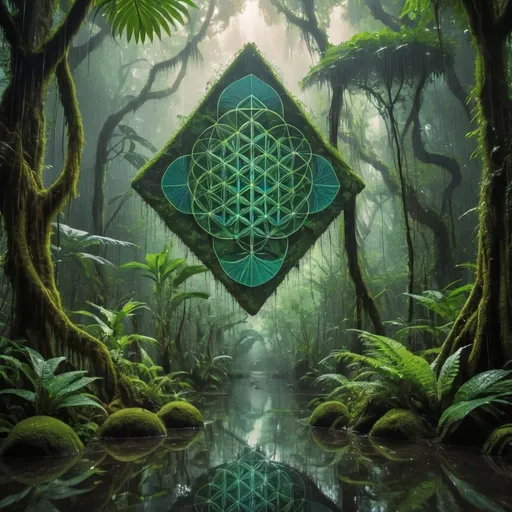 Prompt: psychedelic sacred geometry flooded rain forest