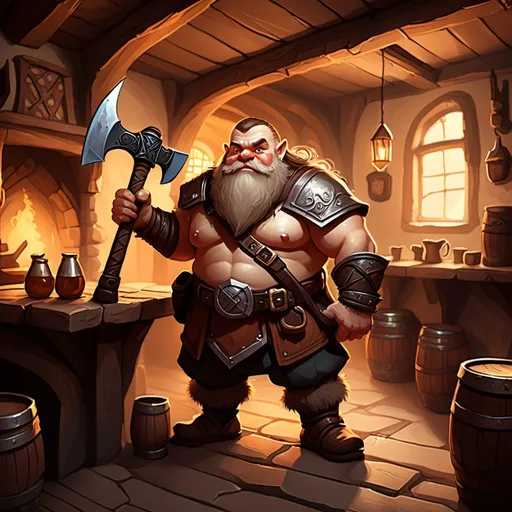 Prompt: dwarf character holding an axe in a tavern , fantasy character art, illustration, dnd, warm tone