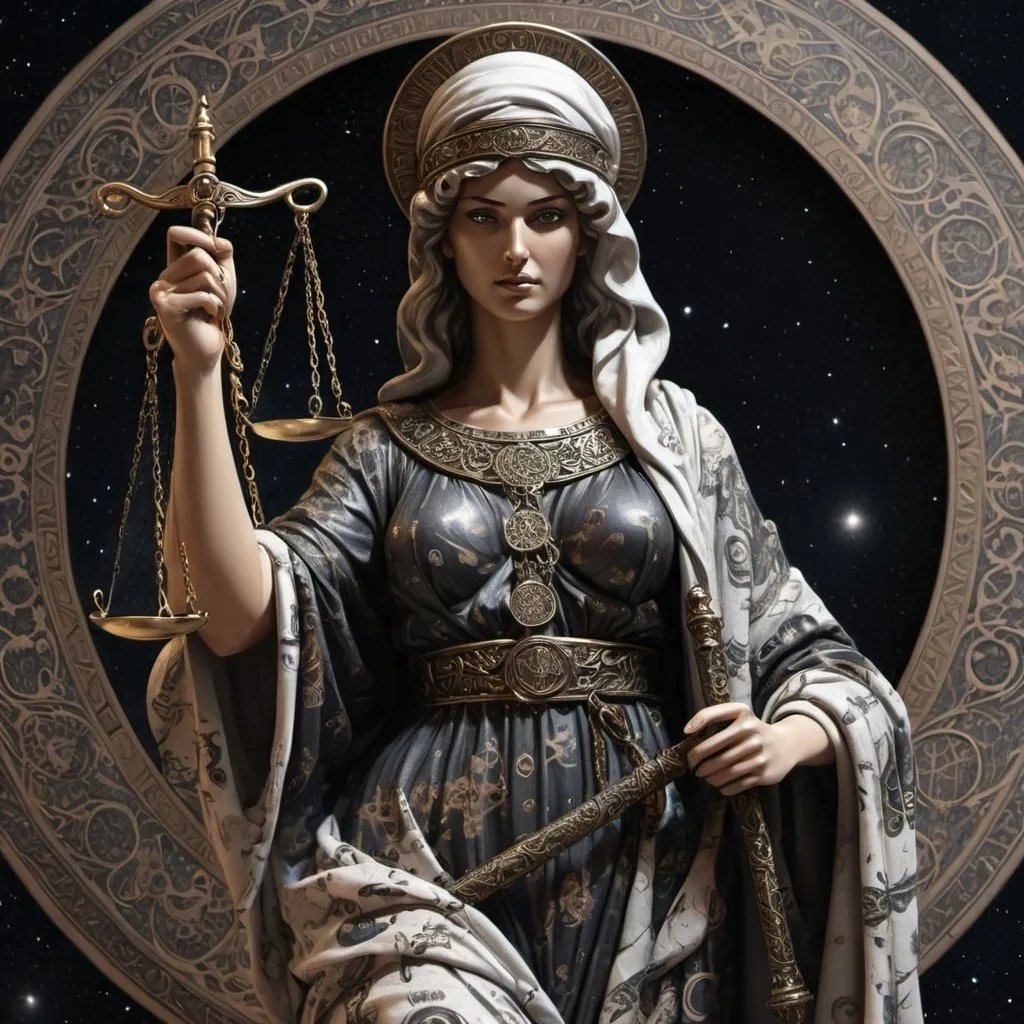 Prompt: Lady justice with detailed ornate cloth robe covering her entire body.  The robe has a keffiyeh pattern.  She is wearing a blindfold.  She is holding the scales of justice on one hand.  She is also holding a small sword by the handle with the other hand.  There is a cosmic black hole event horizon directly behind her head. 