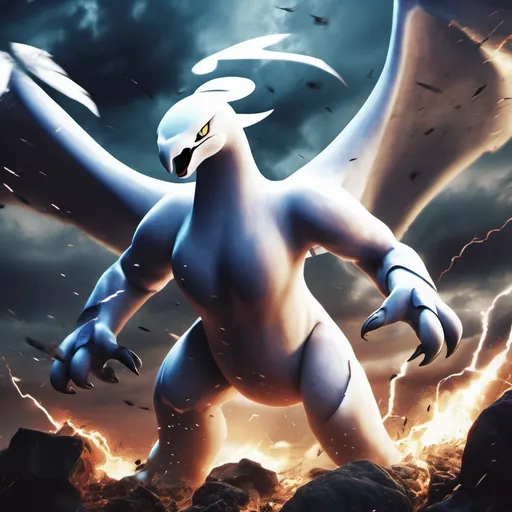 Prompt: (Lugia) in a furious rage, engaging in combat, menacing expression, dynamic action pose, intense confrontation, dramatic lighting, heavy shadows, vibrant and contrasting colors, stormy background with dark clouds and lightning, high depth cinematic feel, chaos and destruction, swirling winds and flying debris, tense and aggressive atmosphere, ultra-detailed, high-quality, 4K