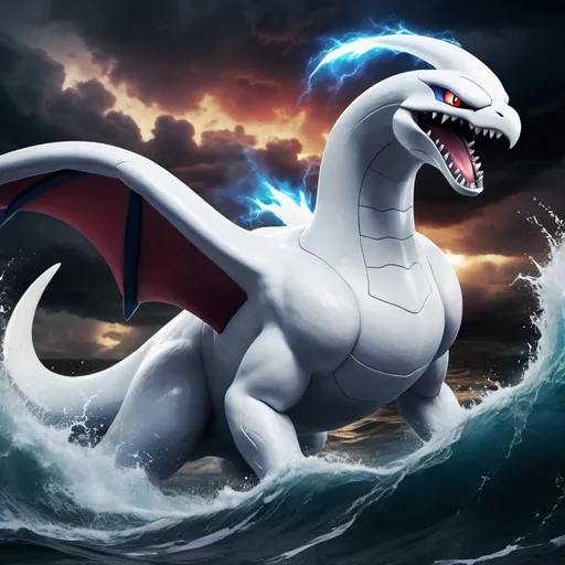 Prompt: (Angry Pokemon Lugia), intense expression, majestic and imposing, stormy sky, powerful aura, glowing eyes, dynamic pose, surrounded by turbulent waves, dark and brooding atmosphere, vibrant colors with deep blues and fierce reds, dramatic lighting highlighting fury, highly detailed, high contrast, 4K, ultra-detailed, epic fantasy art, photorealistic elements, capturing raw power and strength, high-resolution background, visually striking composition.