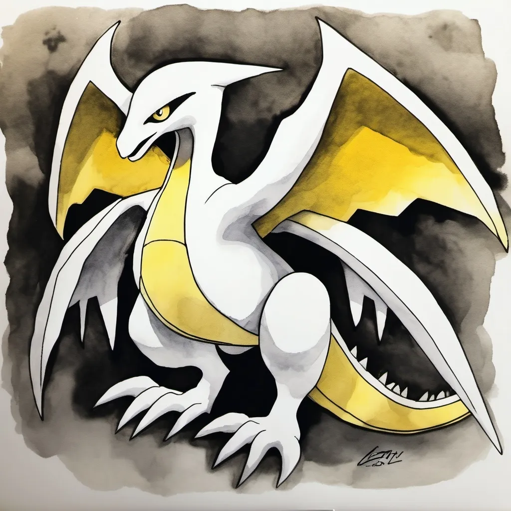 Prompt: Angry Pokemon Lugia in shades of gray and yellow, ink and wash  on paper,