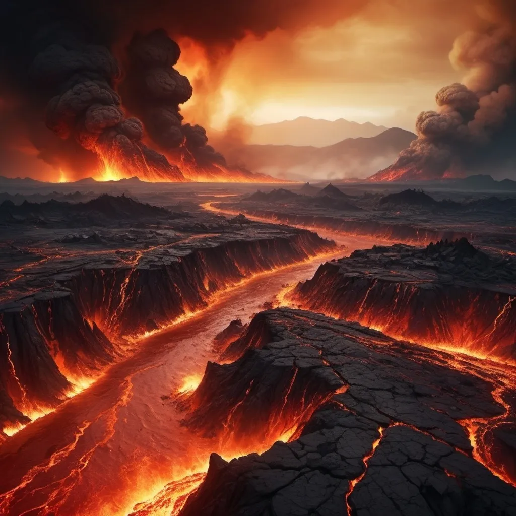 Prompt: (world on fire after tectonic rages), immense fiery landscape, bursting lava flows, splintered earth, ash-filled skies, dramatic destruction, vivid red and orange hues, intense flames and smoke, hazy horizons, catastrophic event, dark and foreboding atmosphere, rugged terrain, cracked ground, rolling infernos, epic disaster scene, high depth cinematic, HD quality, ultra-detailed, apocalyptic background, surreal environment, dramatic lighting and shadows, intense and chaotic mood