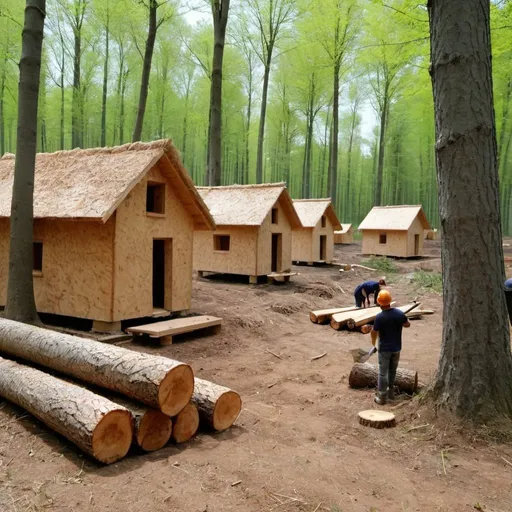 Prompt: Cutting trees in the wood to create houses