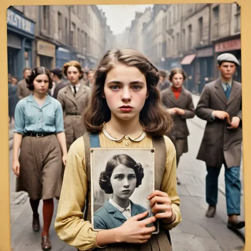 Prompt: Une jeune feministe dans la rue, les gens autour pressé et sont de dos, dans le genre très moderne du 21 siècle, porte une pancarte vide dans ses mains face à elle, le tout en couleur.