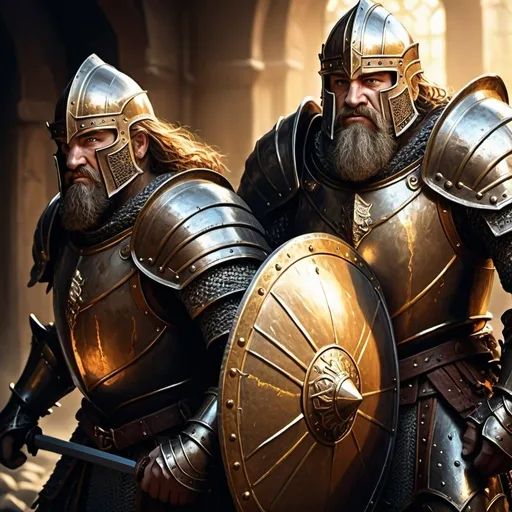 Prompt: Digital illustration of two twin dwarven knights, full plate armour, gold armour, giant shield,  scarred face, 3/4 profile, dynamic composition, action-packed, fantasy, intense lighting, dramatic shadows, high-quality, detailed, cool tones, professional, Ralph Bashki style
