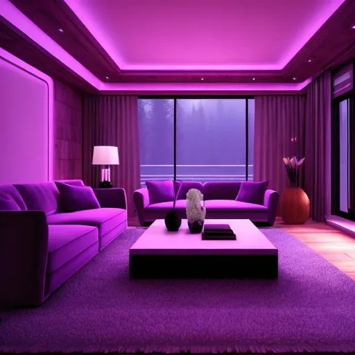 Prompt: standing inside of a moon lit big modern room staring outside the misty window , wood cabin, snowing outside, ambient glow, books, tv's, snacks. fruit, fur furniture, subtle purple neon lights outline corners of the room 