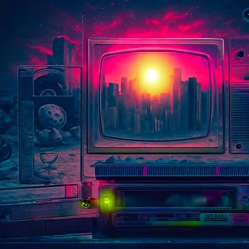 Prompt: Clean VHS-tape sitting in an old post-apocalyptic wasteland with the sky full of trippy, vibrant, mixed colours with a static filter overlay as if it was being recorded 