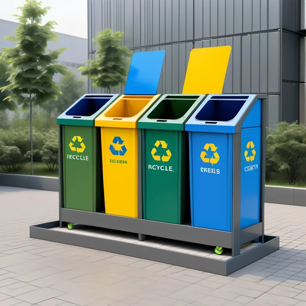 Prompt: "Estación de reciclaje industrial moderna, altura 2 metros, ancho 0.65 metros, profundidad 0.65 metros.  
Diseño modular vertical con cuatro contenedores rectangulares de acero galvanizado, cada uno con etiquetas de colores: azul (papel), amarillo (plástico), verde (vidrio), gris (metal).  
Tapa superior inclinada anti-lluvia, estructura robusta con base reforzada y ruedas. Panel informativo con iconos de reciclaje en la parte frontal.  
Fondo: zona industrial con pavimento de concreto y montacargas al fondo. Estilo realista, iluminación diurna."  