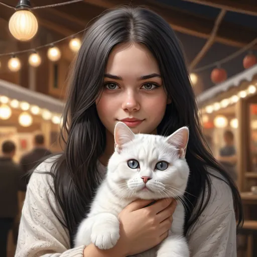 Prompt: Realistic digital painting of a fair-skinned girl with long black hair holding a white British Shorthair cat, warm and cozy atmosphere, detailed hair and fur, high quality, realistic, digital painting, cozy lighting, white British Shorthair, fair-skinned girl, black hair, warm tones, detailed, cozy atmosphere, professional, realistic details