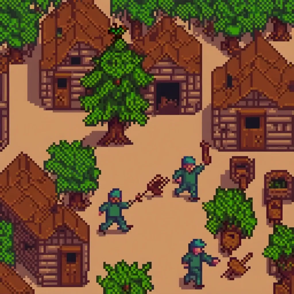 Prompt: "Village Of the Stick" trees growing in houses, people hitting eachother with sticks, villagers running away from the chaos