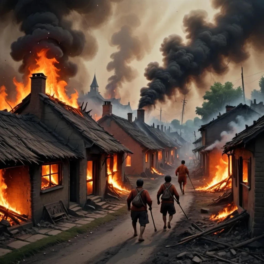 Prompt: "Village Of the Stick" trees growing in houses that are on fire, people hitting eachother with sticks, villagers running away from the chaos