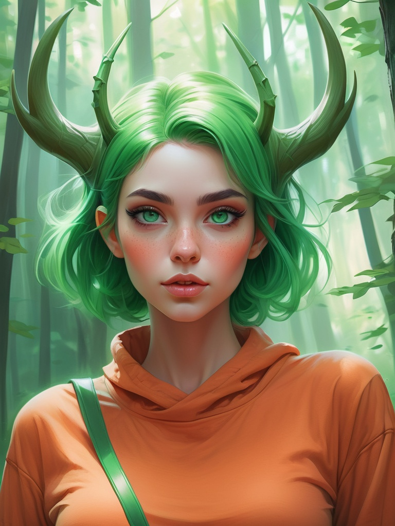 Prompt: a woman in a green outfit standing in the woods with a green hair and green eyes and a green nose, Artgerm, fantasy art, rossdraws global illumination, a photorealistic painting