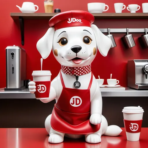 Prompt: JD.com's metal dog Joy anthropomorphizes as a barista, dressed in a coffee-colored beret and a white polka dot apron on a red background, and the signature metallic texture is perfectly preserved. The ears and collar are in a JD red colorway, and the tail is subtly curled into a delicate latte shape. The barista stands behind a contemporary coffee bar with a vibrant café interior in the background, with soft, warm lighting sprinkled on the metallic body to create a unique glossy effect. The barista clutches a coffee cup with JD letters on it in his right paw and elegantly holds a siphon pot with his left paw, and the steam from the spout slowly rises to form an elegant "S" symbol, symbolizing exquisite coffee skills. The coffee bar is adorned with a variety of coffee utensils, such as grinders, coffee pots, and sugar cans, and the JD.com logo and several coffee-themed paintings in the modern art style hang on the background wall. The overall picture adopts a delicate realistic style, emphasizing metallic texture and light and shadow effects, creating a professional and warm café atmosphere, showing the ingenious transformation of Jingdong Metal Dog Joy from scientific and technological image to humanistic care.