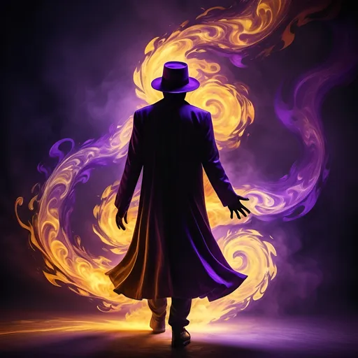 Prompt: (shadow  man with purple and golden fire ascending), (dynamic flames), (ethereal glow), (mystical ambiance), (vibrant colors), (high contrast), (dramatic lighting), (swirling patterns), (abstract background), (ultra-detailed), (captivating composition), (4K resolution), (enchanting atmosphere)