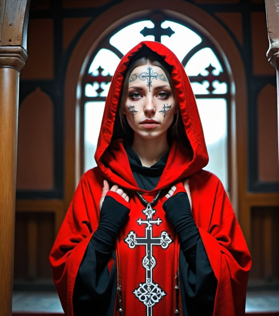 Prompt: Orthodox female monk. Beautiful figure and face. Crucifix face tattoo. Beautoful red hooded robes. Full body picture