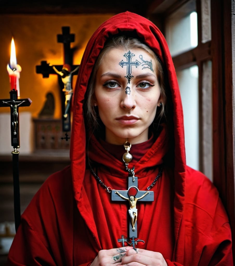 Prompt: Orthodox female monk. Beautiful. Crucifix face tattoo. Beautoful red hooded robes. 