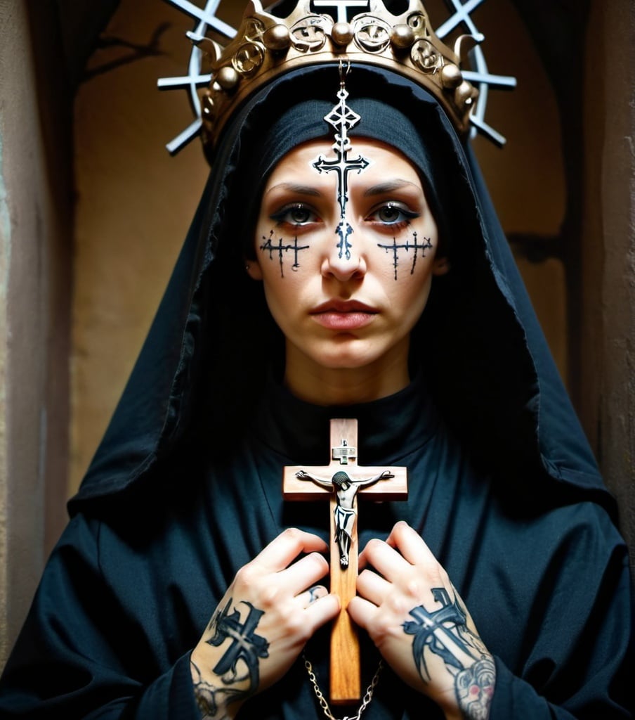 Prompt: Orthodox female monk. Beautiful. Crucifix face tattoo. Beautoful hooded robes. Crown of thorns on head 