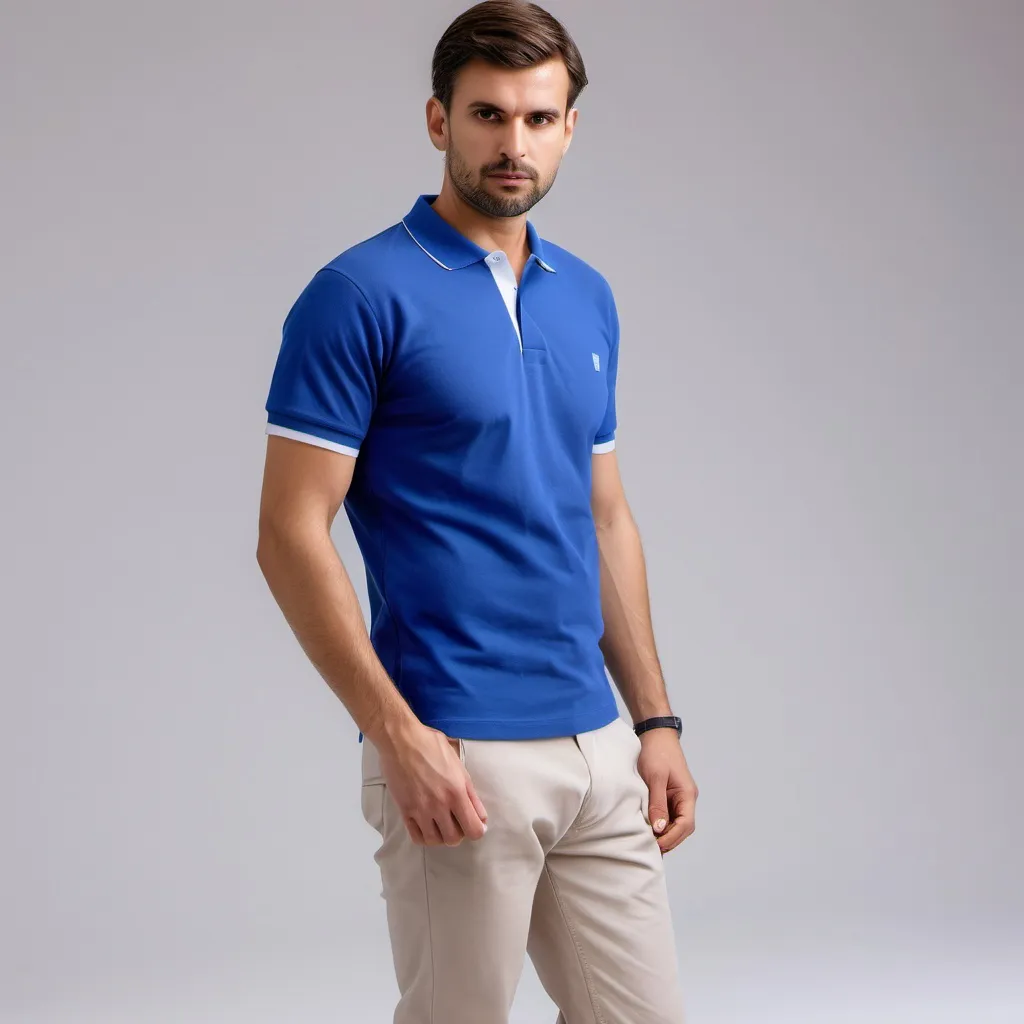 Prompt: creata a image good model wearing regular polo pique tshirt in 18-4148TPG VICTORIA BLUE with white background