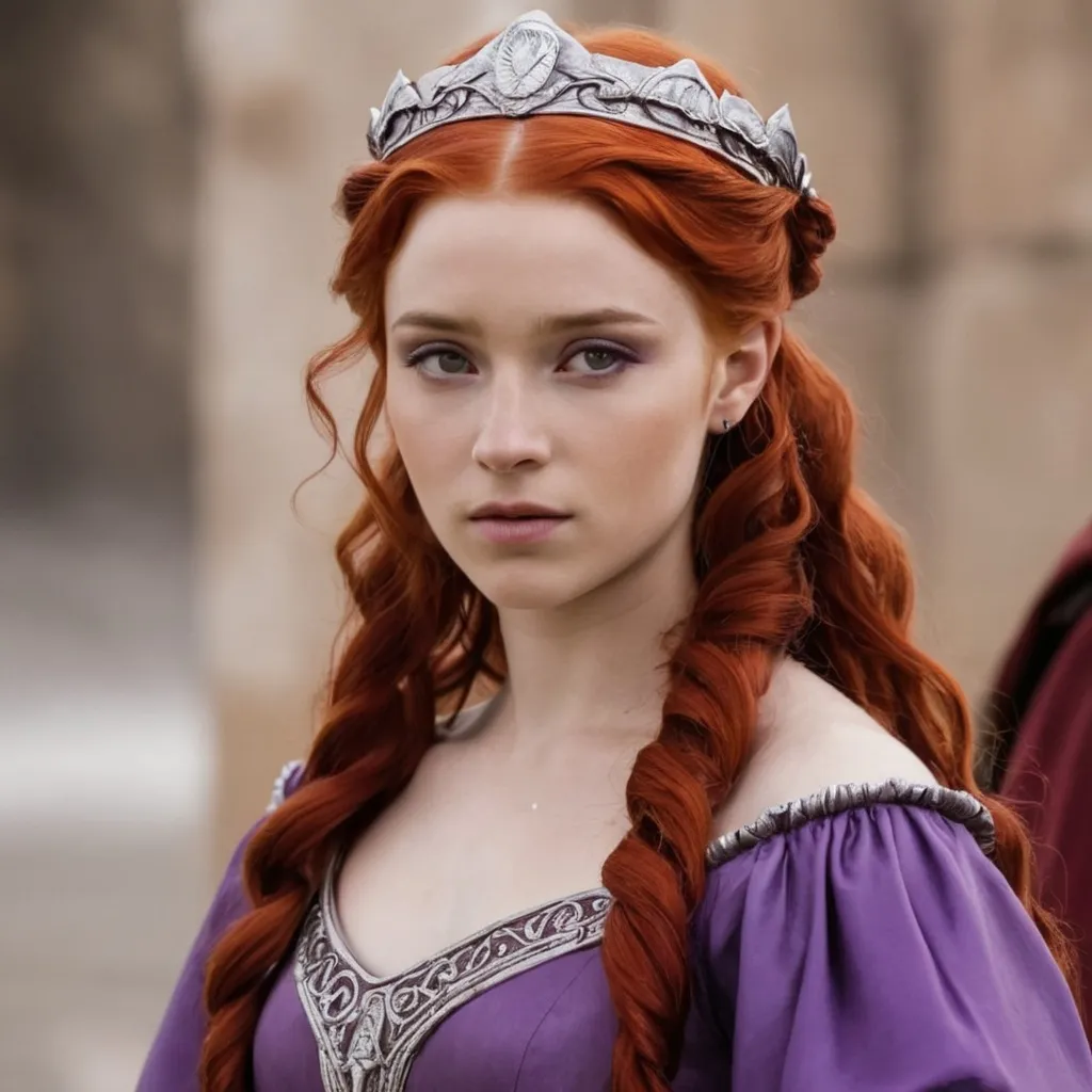 Prompt: Young Rhaenyra Targaryen as a roman princess with red hair wearing a purple gown