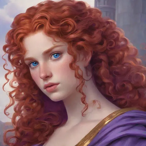 Prompt: A roman princess with blue eyes and curly red hair wearing a purple gown
