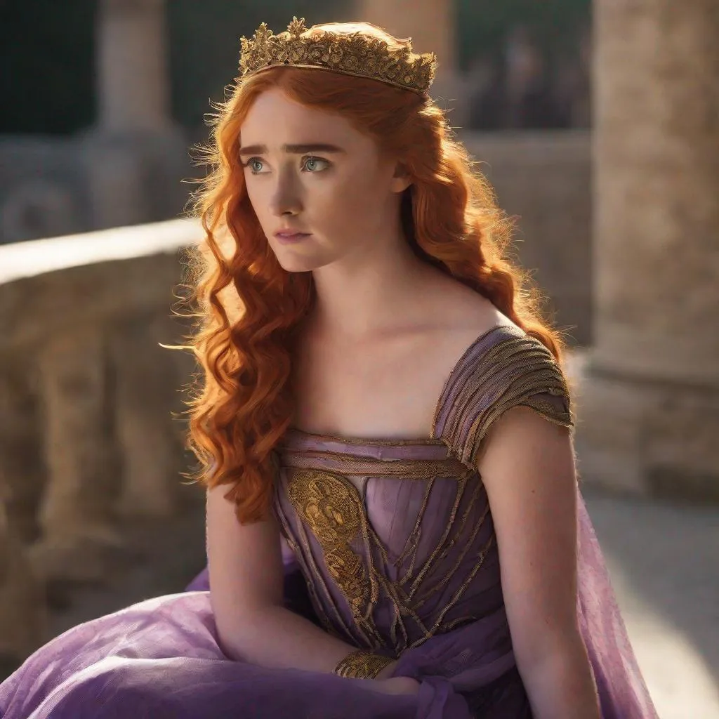 Prompt: Kathryn Newton playing a roman princess with red hair wearing a purple gown