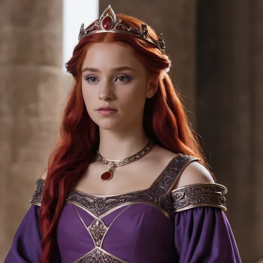 Prompt: Young Rhaenyra Targaryen as a roman princess with red hair wearing a purple gown